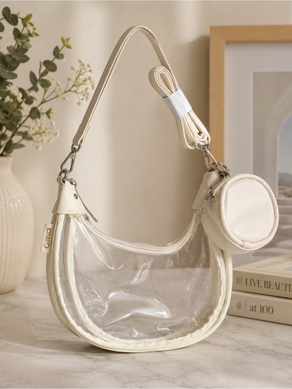 GRIO Clear Stadium Bag Crossbody Purse White w/ Coin Pouch NEW